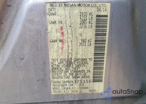 2014 Nissan Altima 2.5 z USA, uszkodzony, nr VIN 1N4AL3AP6EN375156